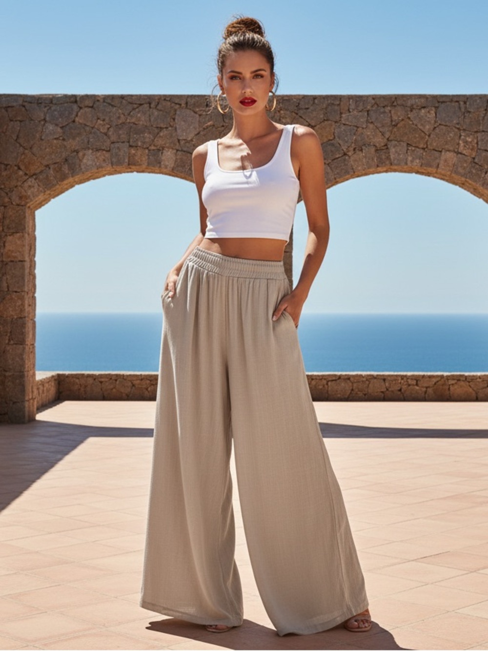 Zenana Outfitters Beige Flowy Wide-Leg Pants With Elastic Waistband Lightweight